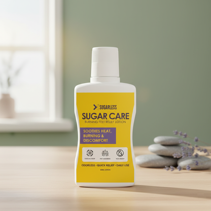 Bottle of Sugar Care lotion on a table with a blurred background