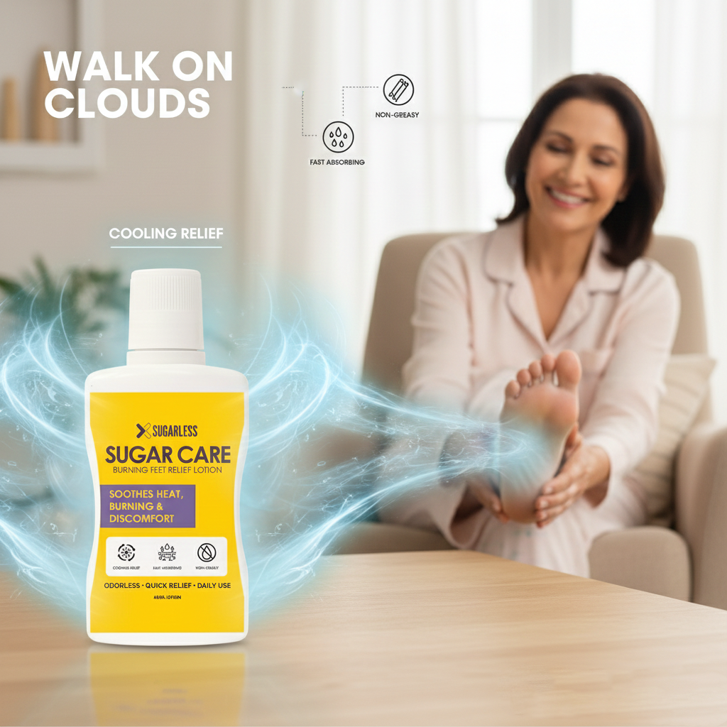 Woman applying lotion to her foot with 'Sugar Care' product in foreground